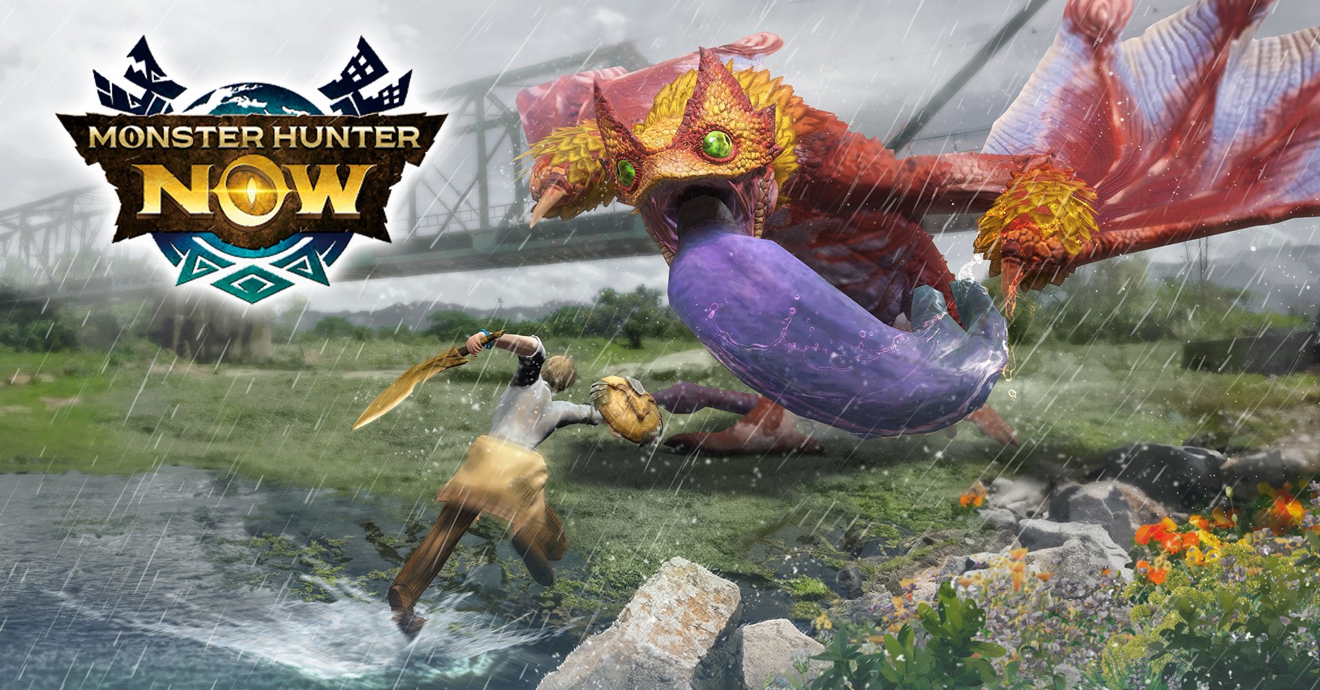 Coral Pukei-Pukei attacks a hunter beneath a bridge in Monster Hunter Now.