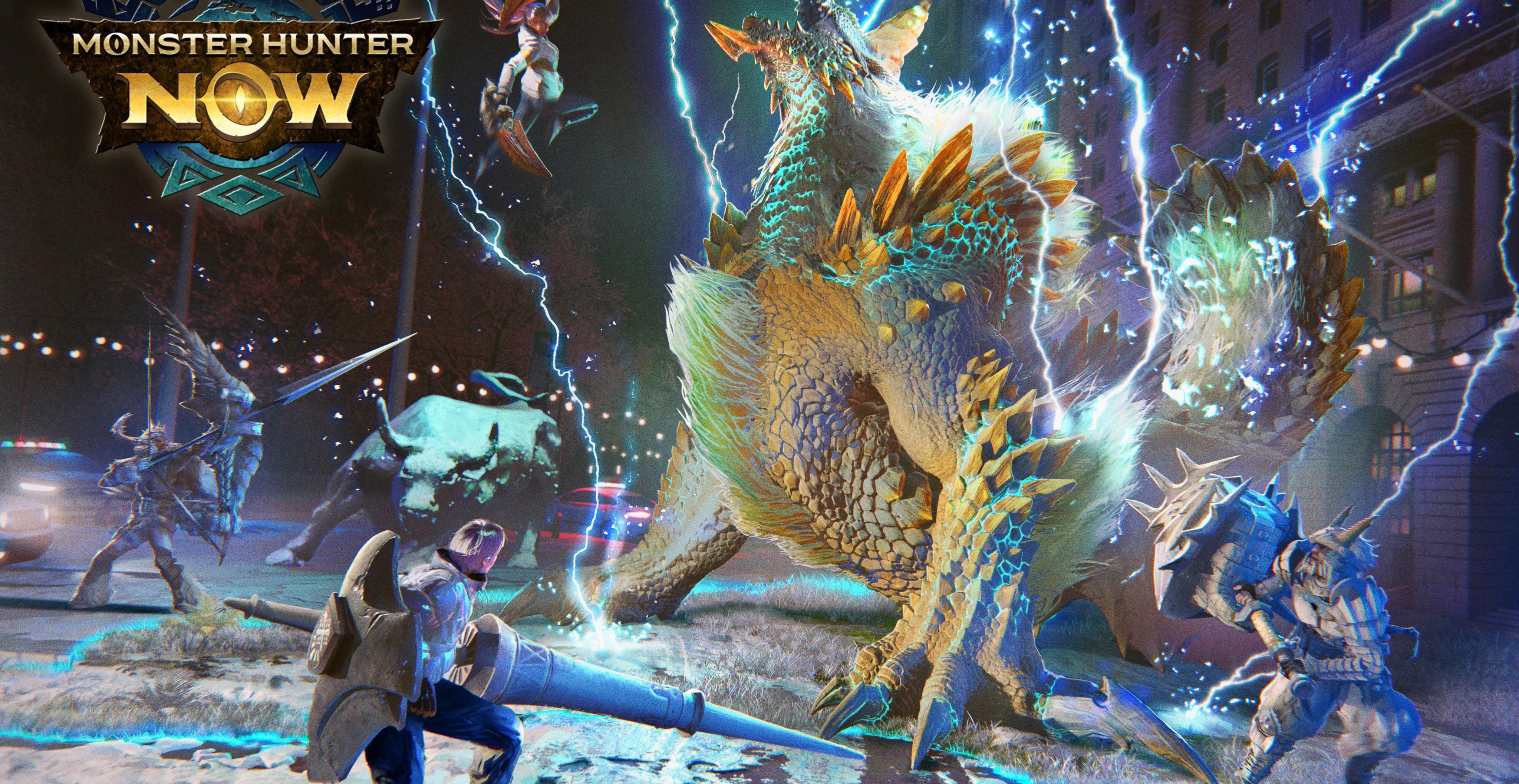 Monster Hunter Now Fulminations in the Frost teaser image, showing Hunters fighting Zinogre.