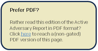 A sidebar (callout box) that says: Rather than read this edition of the Active Adversary Report in PDF format? Click here to reach a (non-gated) PDF version of this page.
