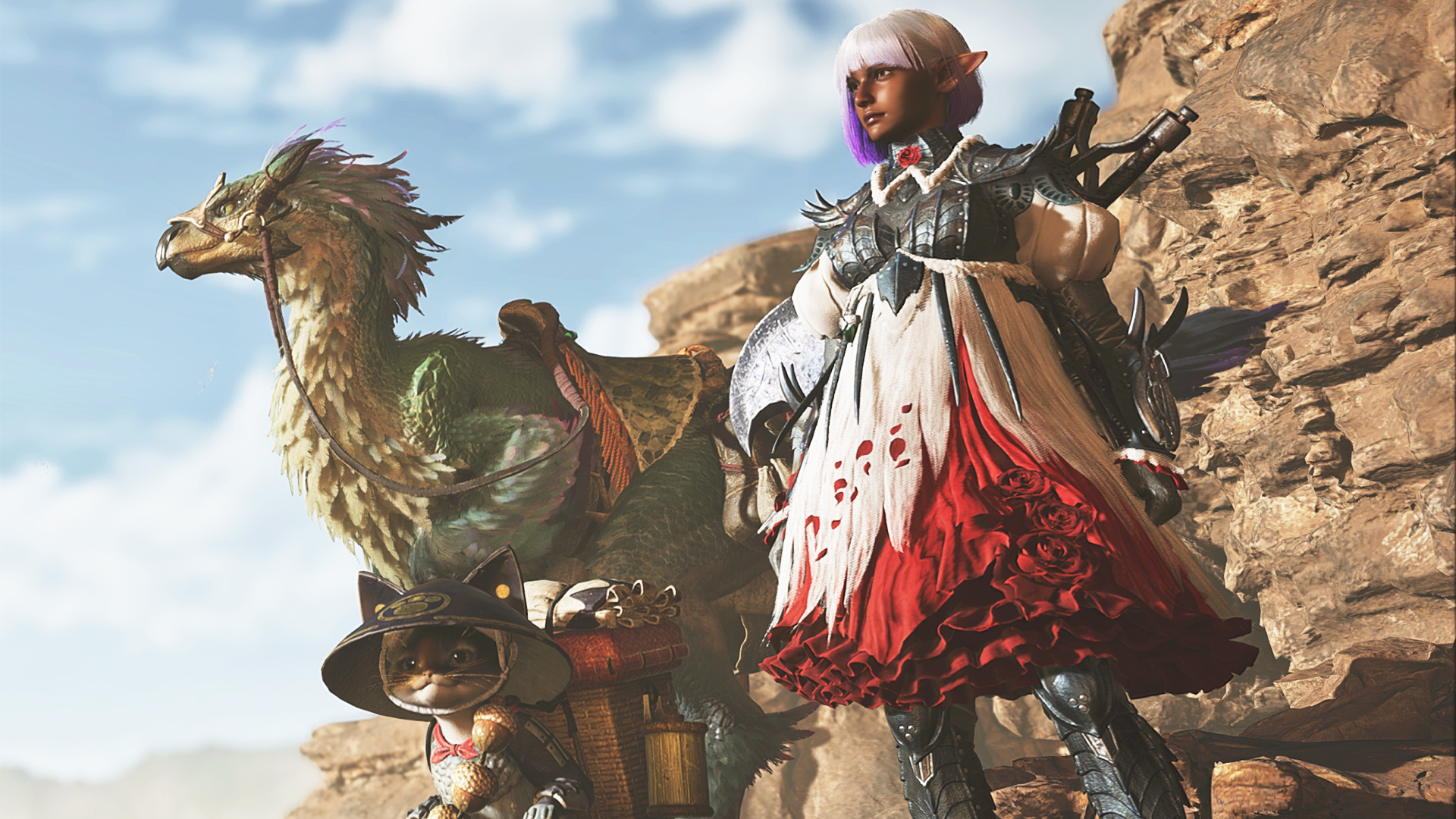 A Monster Hunter Wilds player character in a red and white dress standing next to their Palico and Seikret in a bright scene