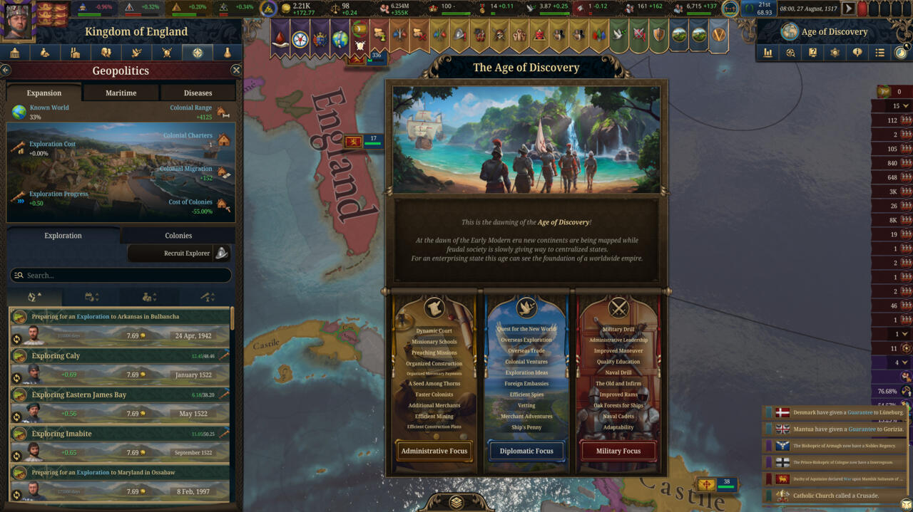 This screenshot from the start of The Age of Discovery shows just how much information Europa Universalis V makes players account for.