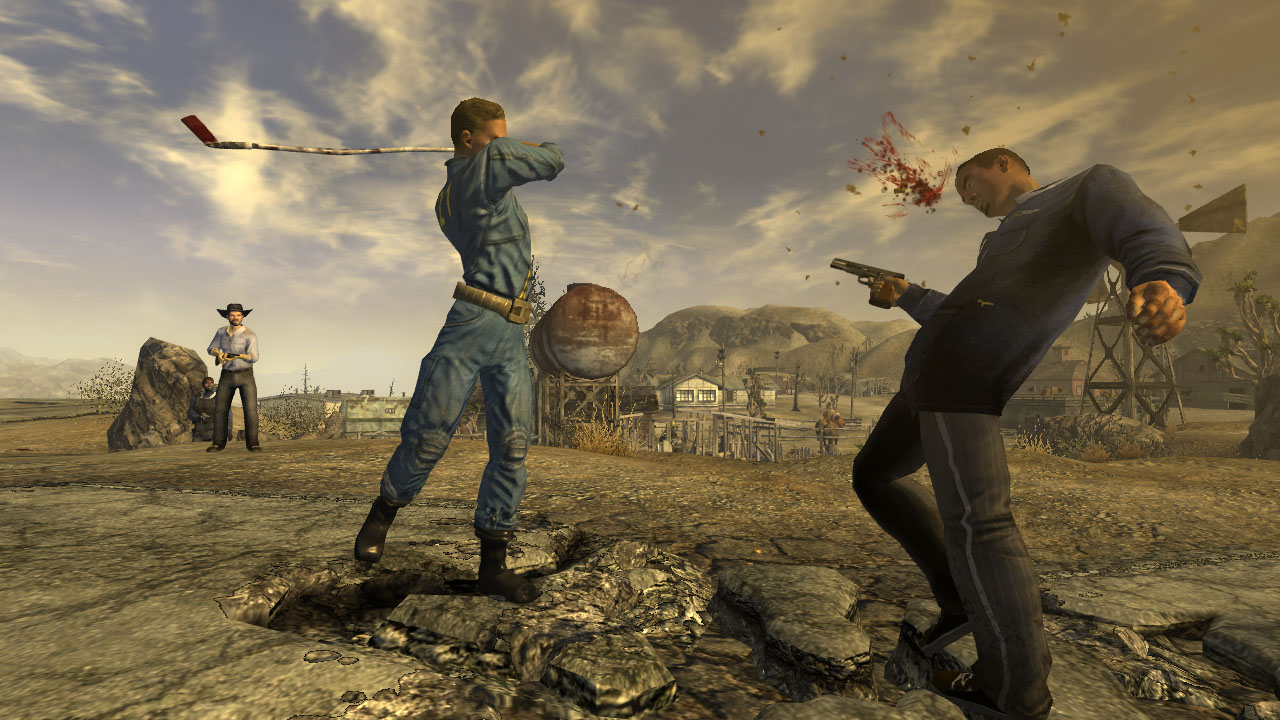 A man in a blue Vault-Tec suit bludgeoning an enemy character in the head with a 9-iron golf club in Fallout: New Vegas