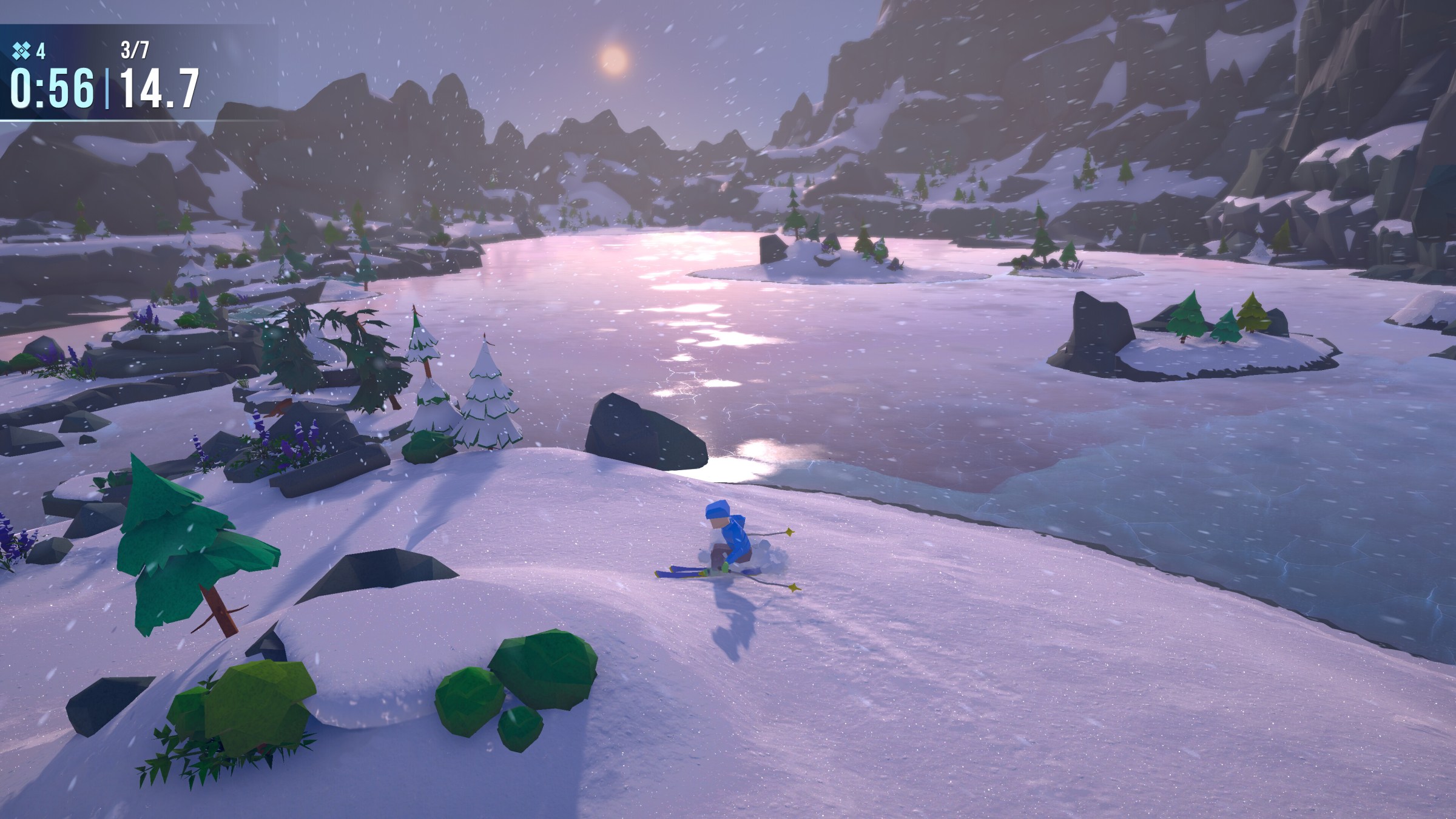 A polygonal skier glides past a frozen lake in front of a low sun in Lonely Mountains: Snow Riders